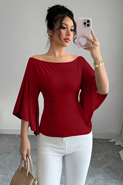 COOL TARZ Women's White Boat Neck Flare Sleeve Draped Fit Blouse