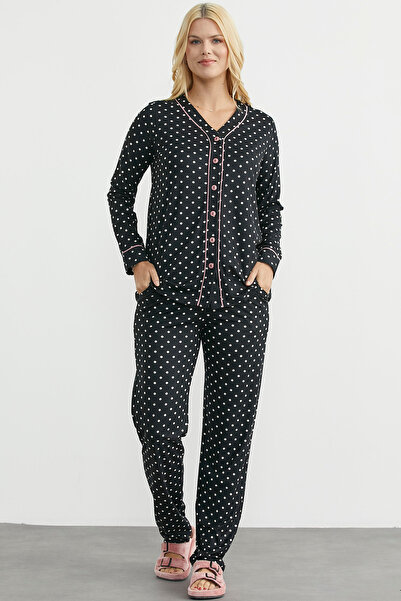 Sementa Piped Shirt Model Pajama Set - Black