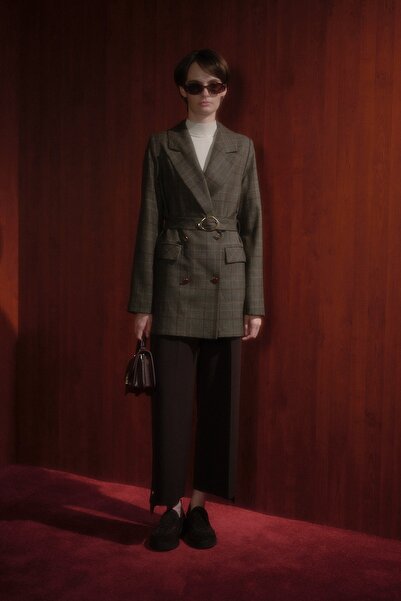 Nihan Kuşaklı Ekose Kruvaze Ceket Kahve