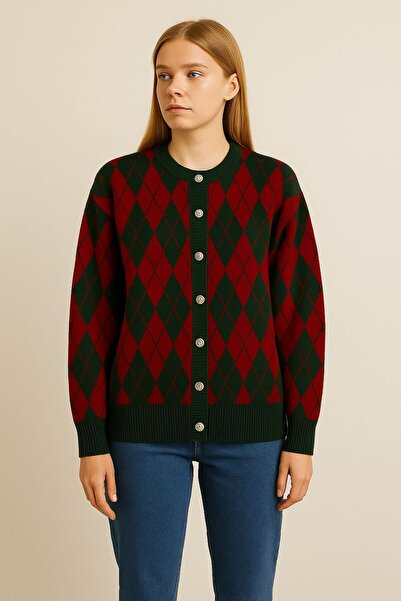 Sfg Life Moda Women's Diamond Patterned Jacket Cardigan with Gold Buttons on the Front