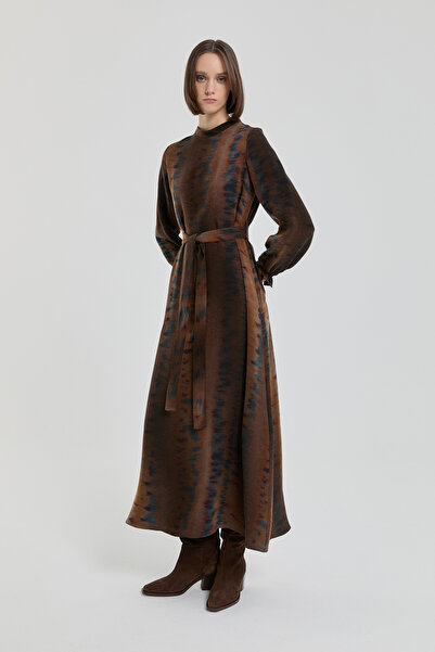 Nihan Desenli Cupra Elbise Kahve