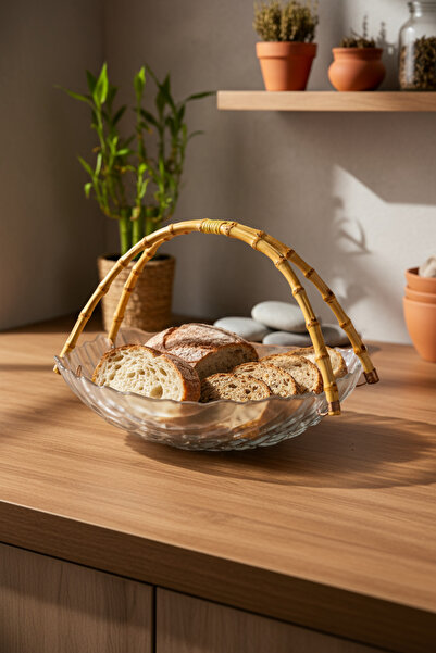 Bambum Cestino Bambu Glass Rectangular Presentation Plate with Handles Embossed Pattern