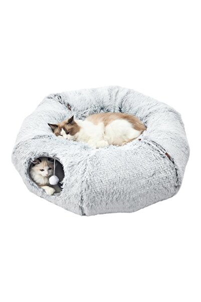 NEXTLY 2-in-1 Plush Pet Haven: Multifunctional Tunnel Bed with Anti-Slip Base, Gray