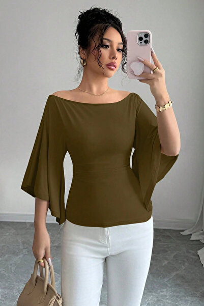 COOL TARZ Women's White Boat Neck Flare Sleeve Draped Fit Blouse