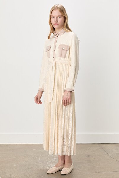 Nihan Gömlek Yaka Kuşaklı Dantel Elbise Ekru