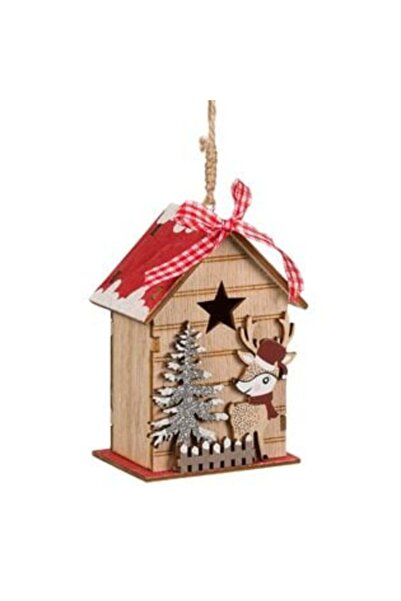 SHOPIENS Ornament de Crăciun pentru brad, căsuță din lemn, cerb, 11 cm