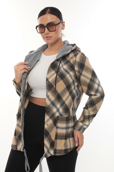 Lady Majestic Büyük Beden Rahat Kalıp Kapüşonlu Oduncu Kadın Gömlek Hırka