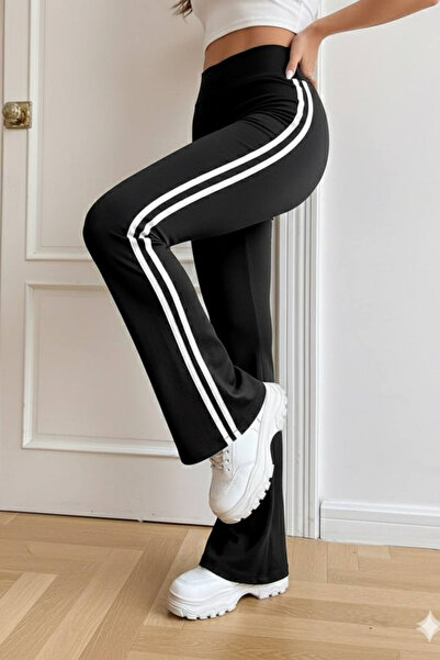 oshebu Dámské elastické legíny ze strečové látky s bočními pruhy a španělským rozšířením nohavic