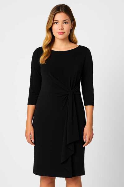 Şans Kadın Büyük Beden Siyah, Drapeli, 3/4 Kollu Midi Elbise 65N39214