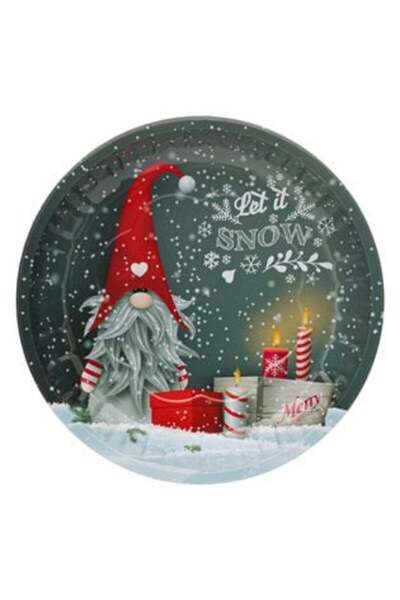 Gnome Christmas Decorative Metal Plate - Grey with Red Hat Ø26 cm