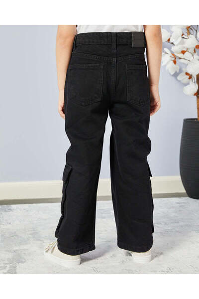 REDTAG Girls Black Cargo Wide Leg Denim Jeans
