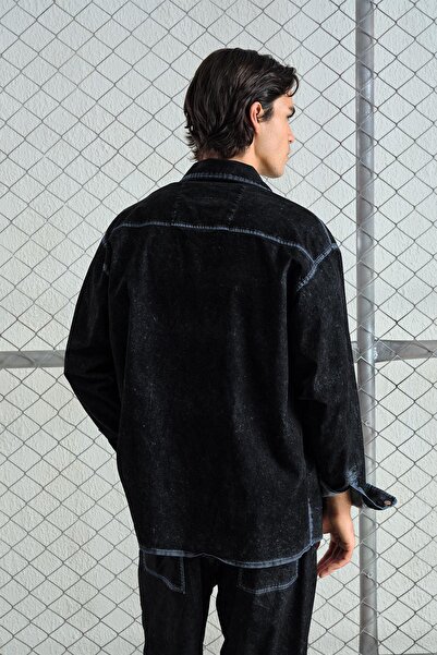 GIESTO Effective Velvet Finish Denim Black Shirt