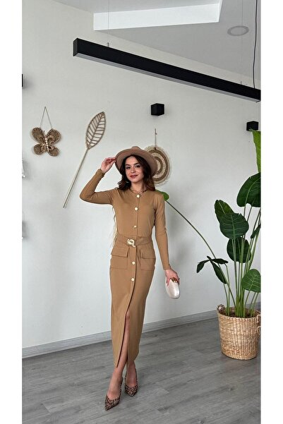 modadagiyim Slit Premium Model Midi Very Stylish Dress with Special Button Buckle Detail and Pockets