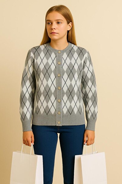 Sfg Life Moda Women's Diamond Patterned Jacket Cardigan with Gold Buttons on the Front