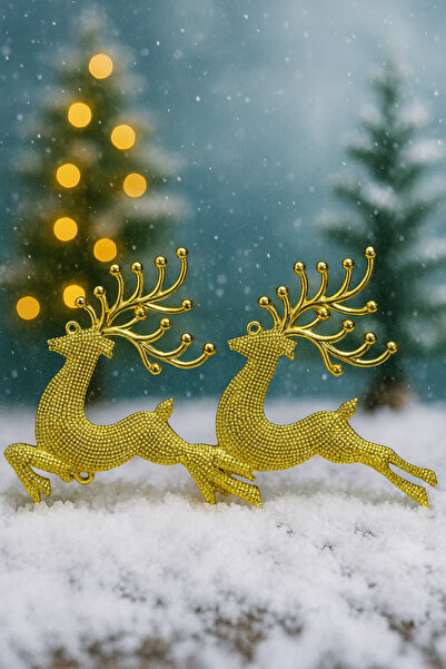 ENG PARTİ DÜNYASI Gold Deer Figured Christmas Tree Ornament Set of 2 Christma...