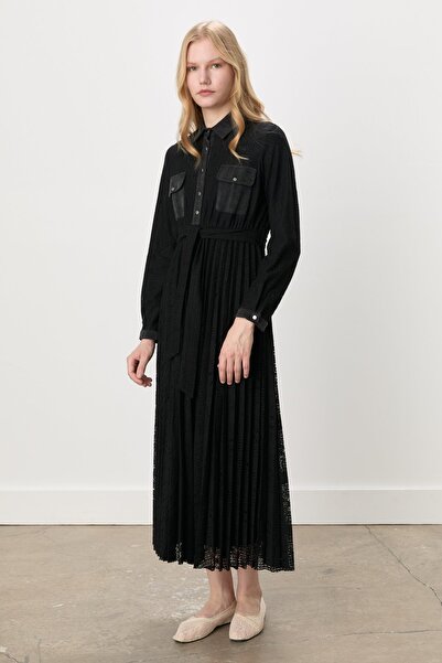 Nihan Gömlek Yaka Kuşaklı Dantel Elbise Siyah