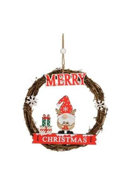 BAMI NETWORK Wooden Christmas Decoration Wreath with Pompom Nose Gnome Figurine Ø16cm