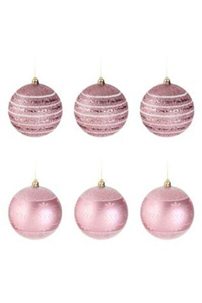 SHOPIENS Σετ Χριστουγεννιάτικες Μπάλες Ροζ Ματ & Γυαλιστερές με Γκλίτερ Ρίγες...