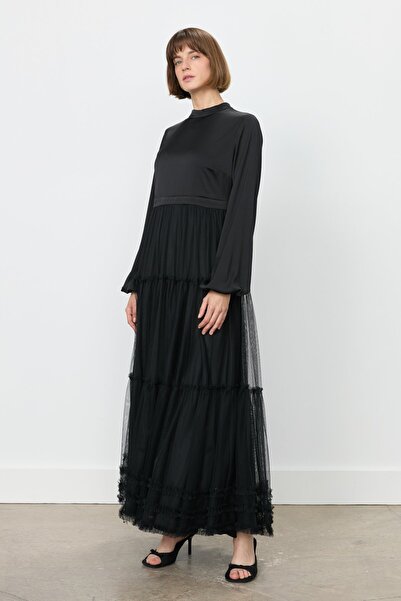 Nihan Büzgü Detaylı Tül Elbise Siyah