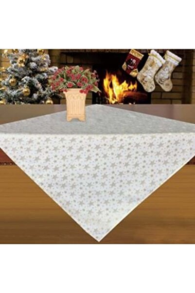 SHOPIENS Ecru Tablecloth with Gold Star Pattern 80 x 80 cm