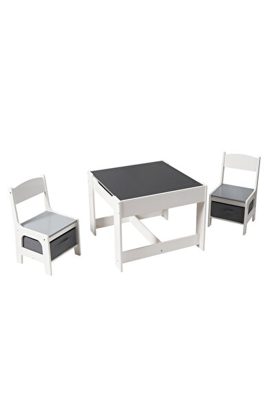 GINGER HOME Table set with 2 wooden chairs with storage space and chalkboard White/Grey