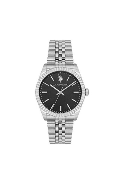 U.S. Polo Assn. ساعة رجالية تناظرية بسوار من الفولاذ المقاوم للصدأ باللون الف...