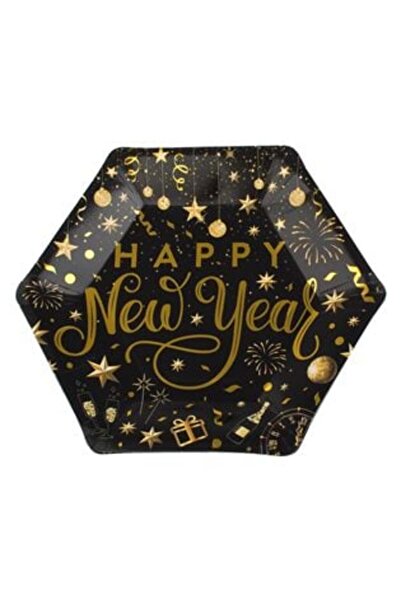 SHOPIENS Farfurii de petrecere din hârtie neagră cu folie aurie „La mulți ani” 23 cm - 6 buc