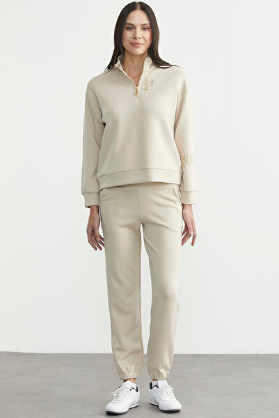 Sementa Mock Neck Half Zipper Tracksuit Set - Beige