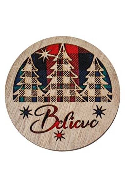 SHOPIENS Christmas Wooden Coaster for Glasses - Tree Cutout, Checked Fabric "Believe" 10 cm