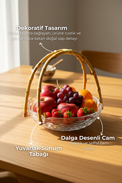 Bambum Cestino Bambu Kulplu Cam Yuvarlak Sunum Tabağı Dalgalı Desen