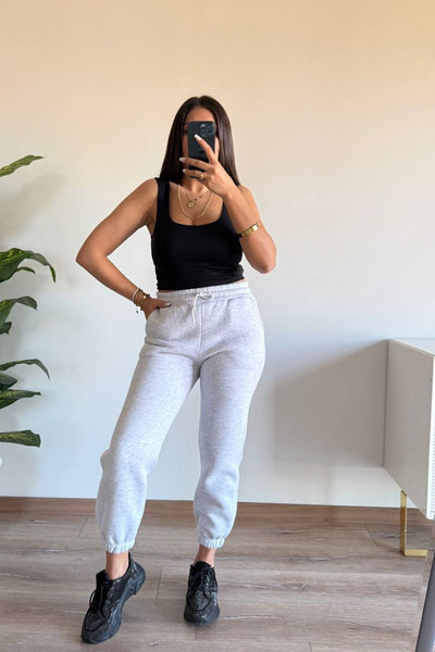 CİDDE Women's Winter 3 Thread Thick Fleece Lined High Waist Elasticated Leg Basic Jogger Sweatpants