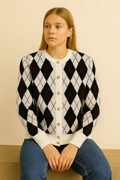 Sfg Life Moda Women's Diamond Patterned Jacket Cardigan with Gold Buttons on the Front