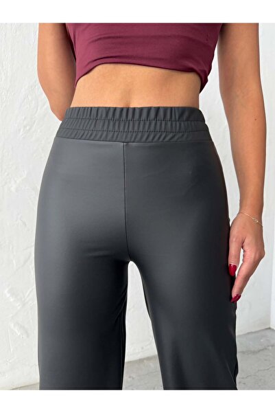 Miss Prova Black Faux Leather Pants with Elastic Waist Misspnt2411