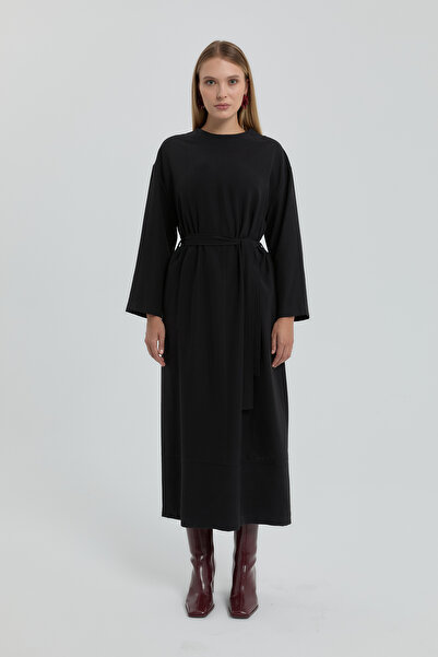 Nihan Beli Kuşaklı Modal Elbise Siyah