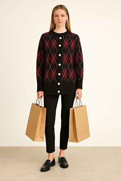 Sfg Life Moda Women's Diamond Patterned Jacket Cardigan with Gold Buttons on the Front