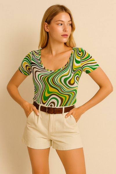 LACHT Women's U Neck Short Sleeve Ecru Cream Pattern Blouse