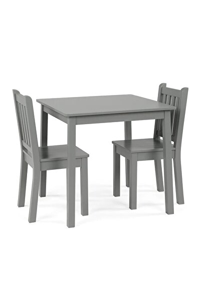 GINGER HOME Set of table and 2 chairs with backrest for children, gray wood, rounded edges, suitable