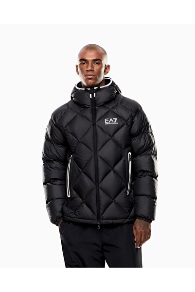 EA7 Men's Quilted Hooded Water Repellent and Breathable Fabric Duck down Filled Black Jacket 7m0010