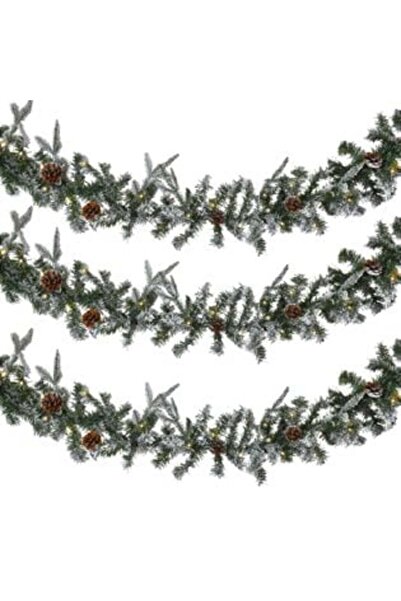OEM Decorative Christmas Garland - Green with Snow and Cones, 225 Branches & LED - 2.7 m x 25 cm
