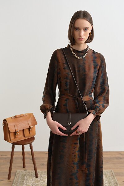 Nihan Desenli Cupra Elbise Kahve