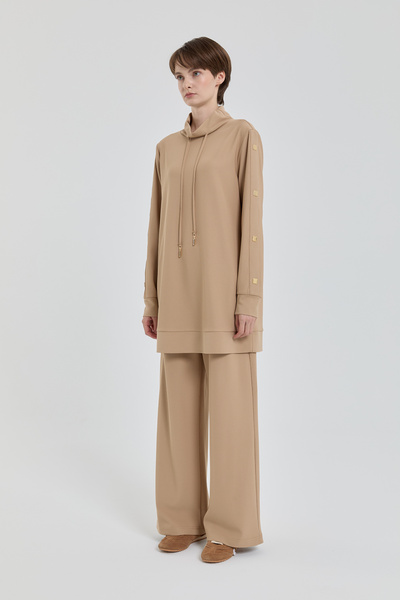 Nihan Parlak Taş Detaylı Örme Pantolon Tunik Takım Camel