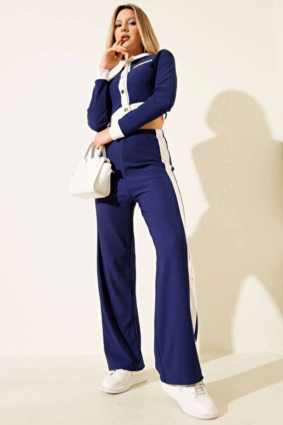 CİDDE Women's Ottoman Fabric Comfortable Set with Stripes on the Sides Paneled