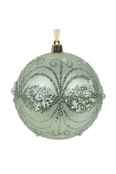 SHOPIENS Glob de Crăciun verde mentă mat cu sclipici verde și mărgele albe Ø1...