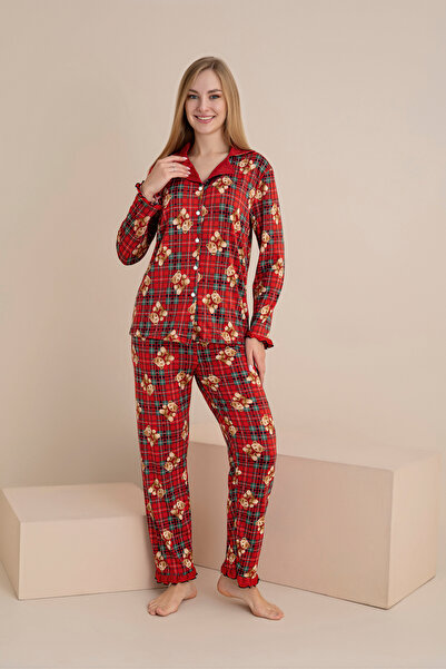 rindahomewear Women's Printed Milan Knitted Long Sleeve Buttoned Pajama Set with Ruffle Detail on Sleeves and Legs