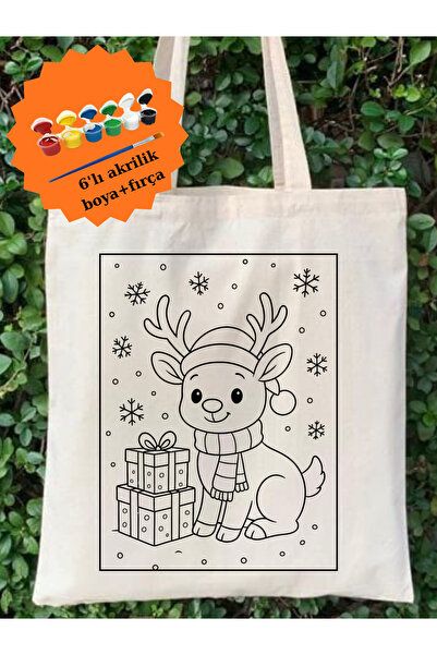 Cemira Boyama Seti Geyikli Yeniyıl Bez Çanta Boyanabilir Anaokulu Çocuk Etkinlik Boyama
