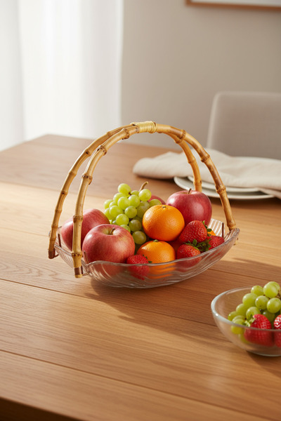 Bambum Cestino Bambu Glass Rectangular Presentation Plate with Handles, Wavy Pattern