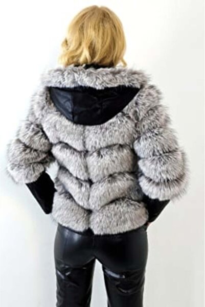 FashionForYou Palton artizanal din blană artificială Kataleya cu glugă și mâneci detașabile, piele - Argintiu