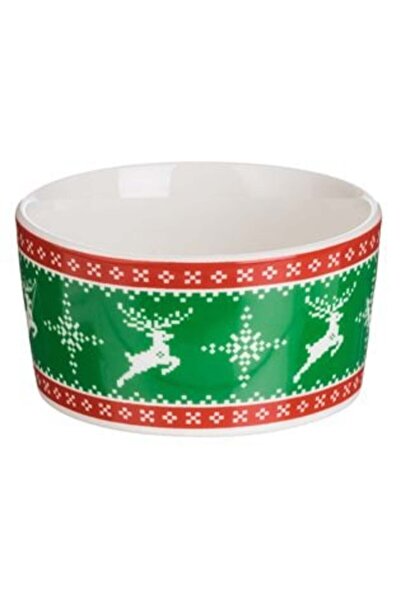 SHOPIENS White Porcelain Bowl with Green Reindeer Christmas Pattern 150 ml