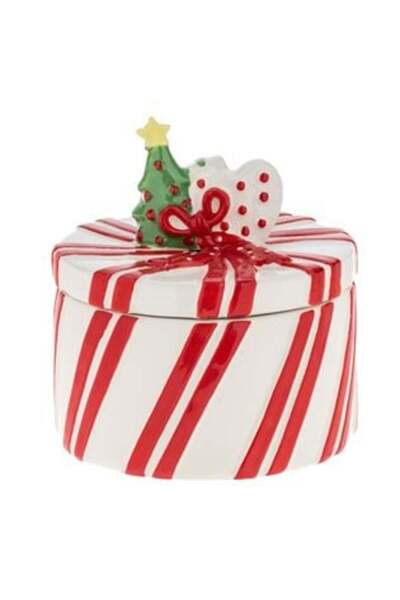 SHOPIENS Ceramic Christmas Biscuit Container - Gift Box with Red Ribbon and Tree Ø16 x 19 cm