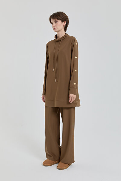 Nihan Parlak Taş Detaylı Örme Pantolon Tunik Takım Olive